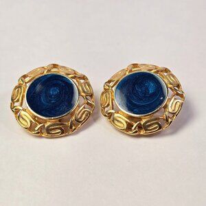 Vintage Blue Enamel Gold Tone Clip On Earrings Made in USA Retro Glam Jewelry